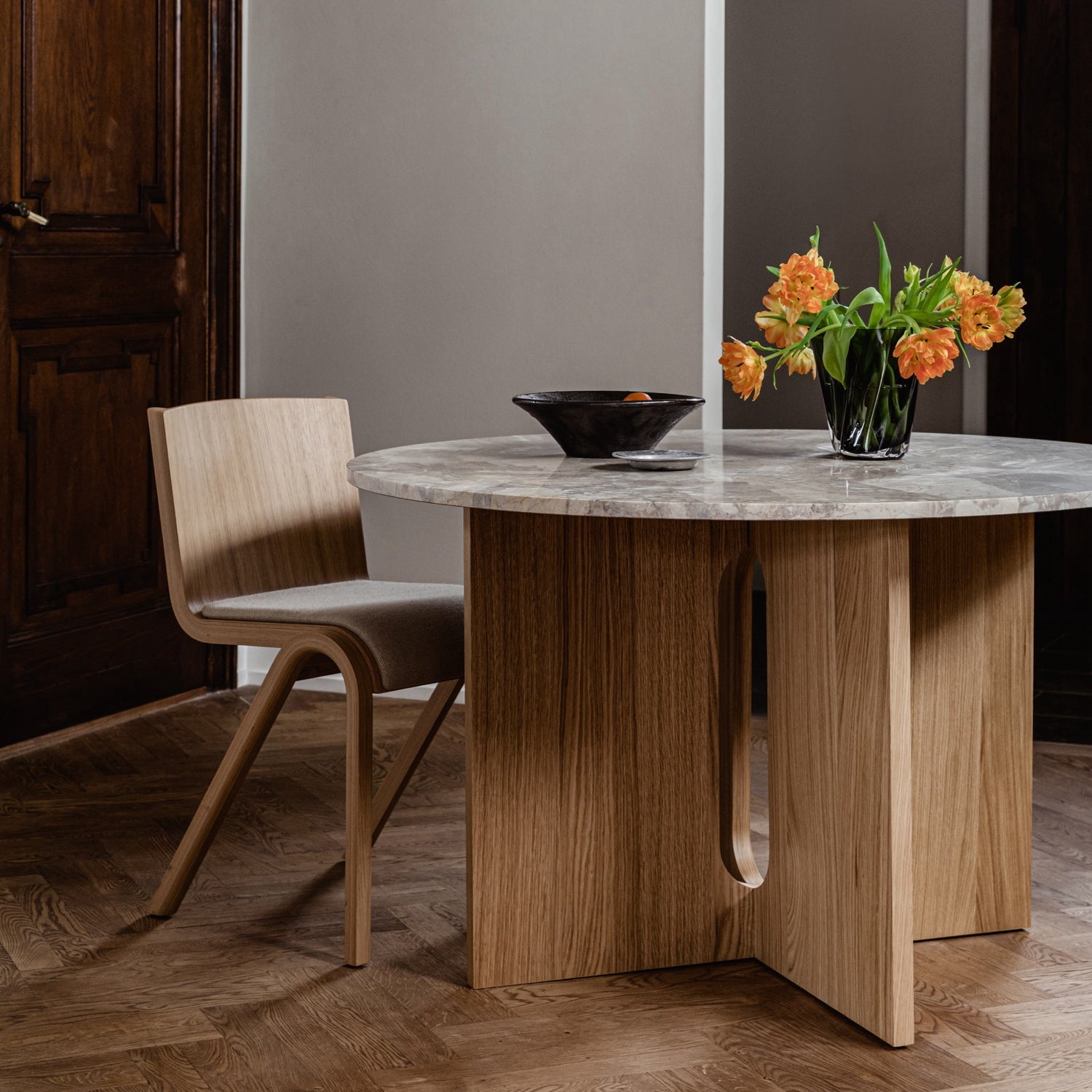 Audo Copenhagen Androgyne Dining Table 47in, Natural Oak Base, Kunis Breccia Stone Table Top - KANSO