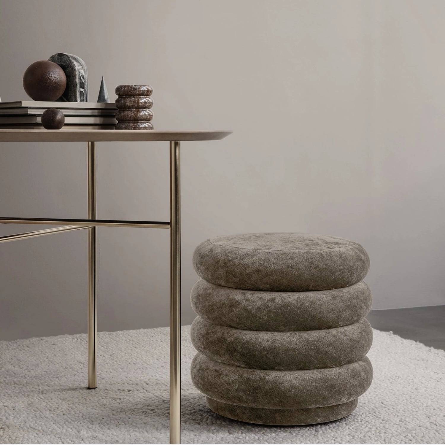 Ferm Living Pouf Round Faded Velvet Made To Order Beige - KANSO