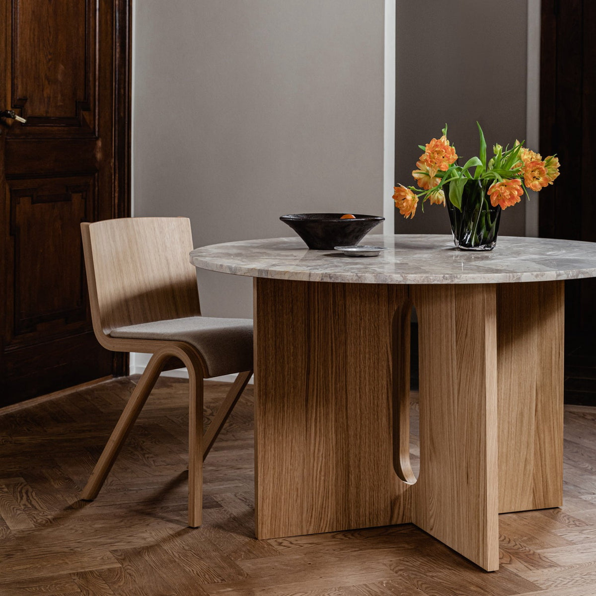 Audo Copenhagen Androgyne Dining Table 47in, Natural Oak Base, Kunis Breccia Stone Table Top#Size/Top/Base_47in, Natural Oak Base, Kunis Breccia Stone Table Top