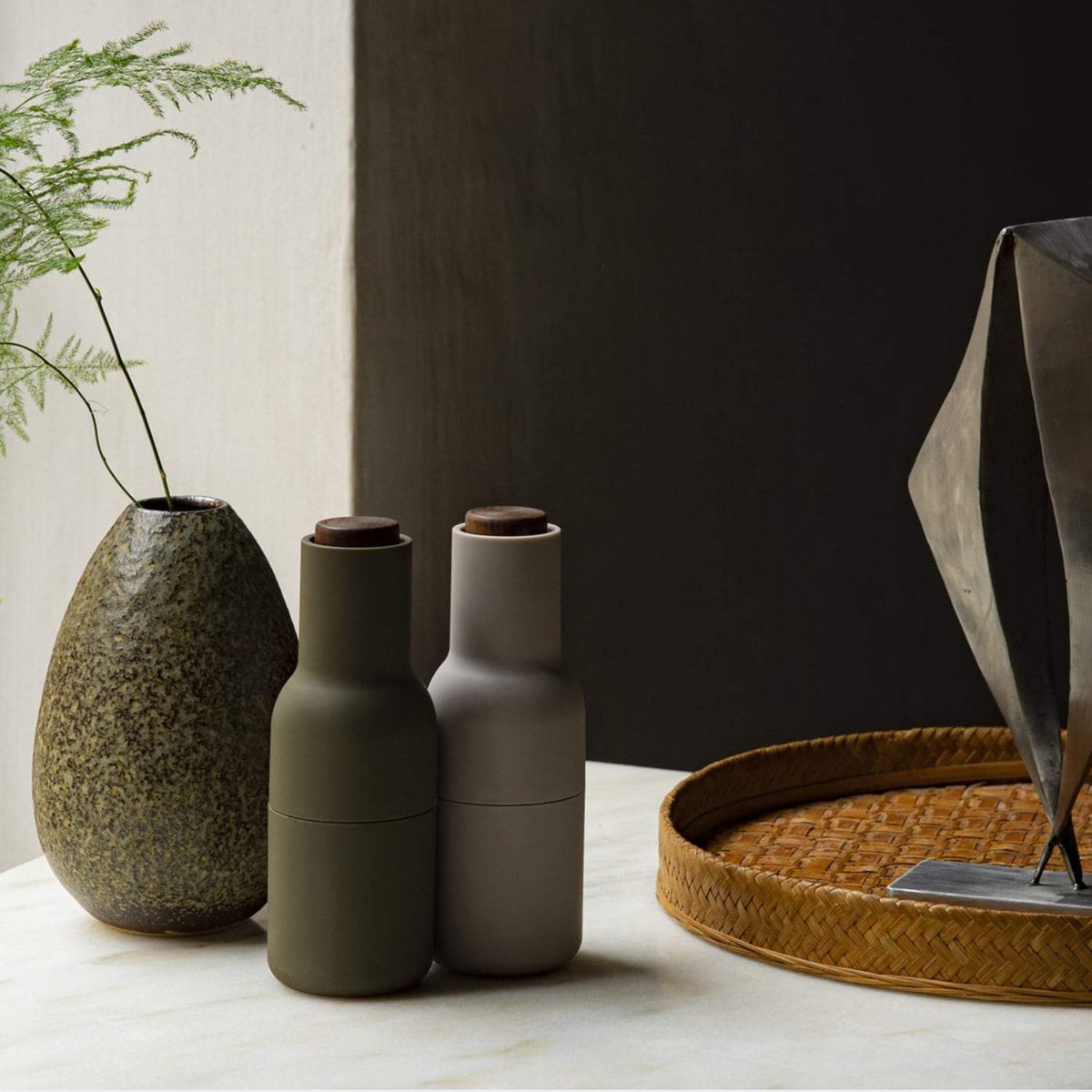 Audo Copenhagen Bottle Grinders, Set of 2 Hunting Green/Beige, Walnut Lid - KANSO#Color_Hunting Green/Beige, Walnut Lid