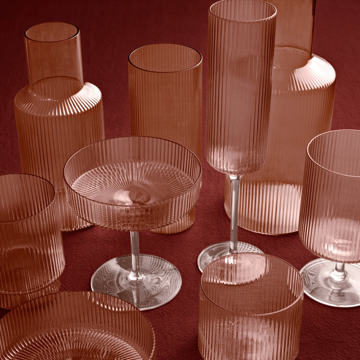ferm Living Ripple glassware in Blush, with the Carafe Set - Small - KANSO#Color_Blush