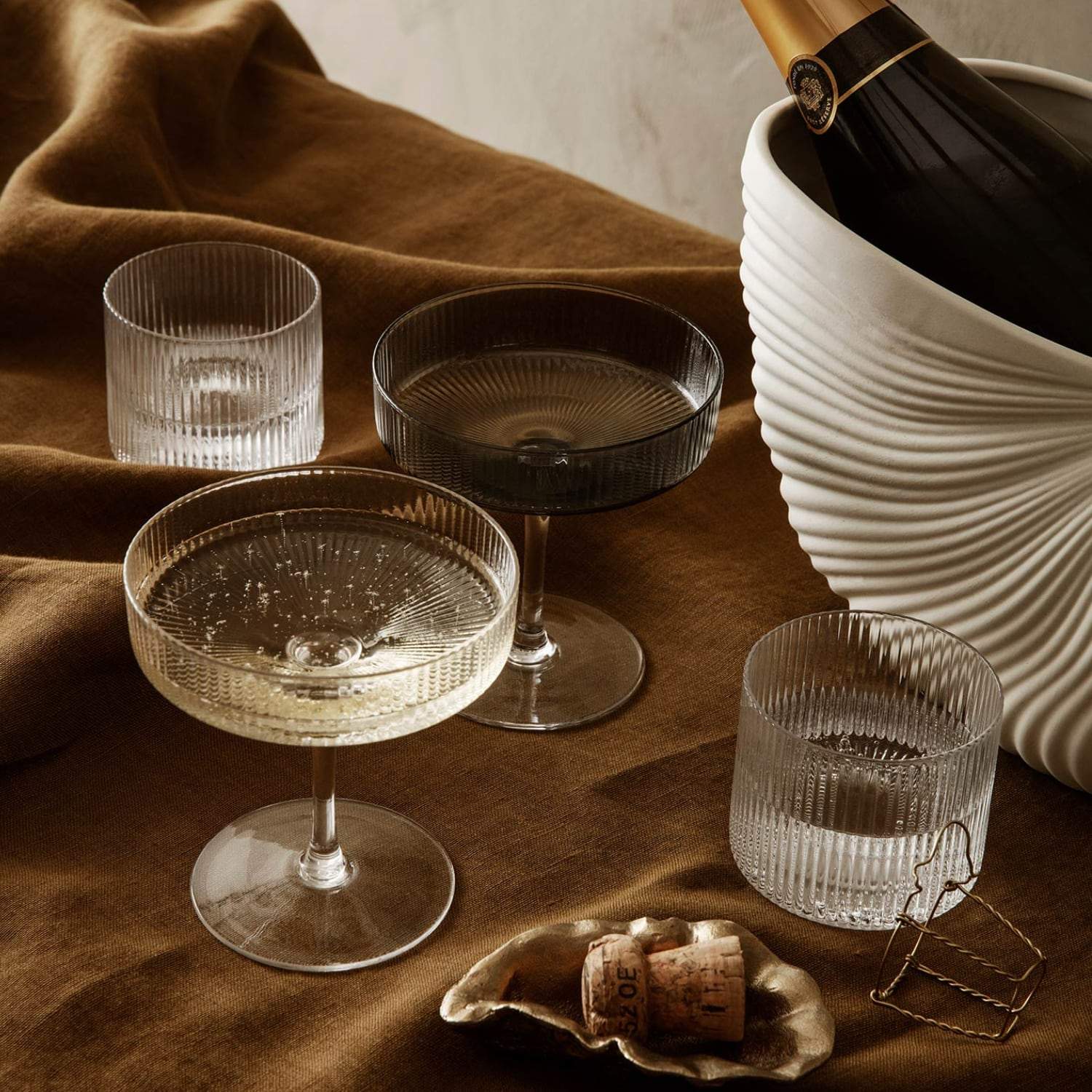 Ferm Living Ripple Champagne Saucers, Set of 2 Smoked Grey - KANSO