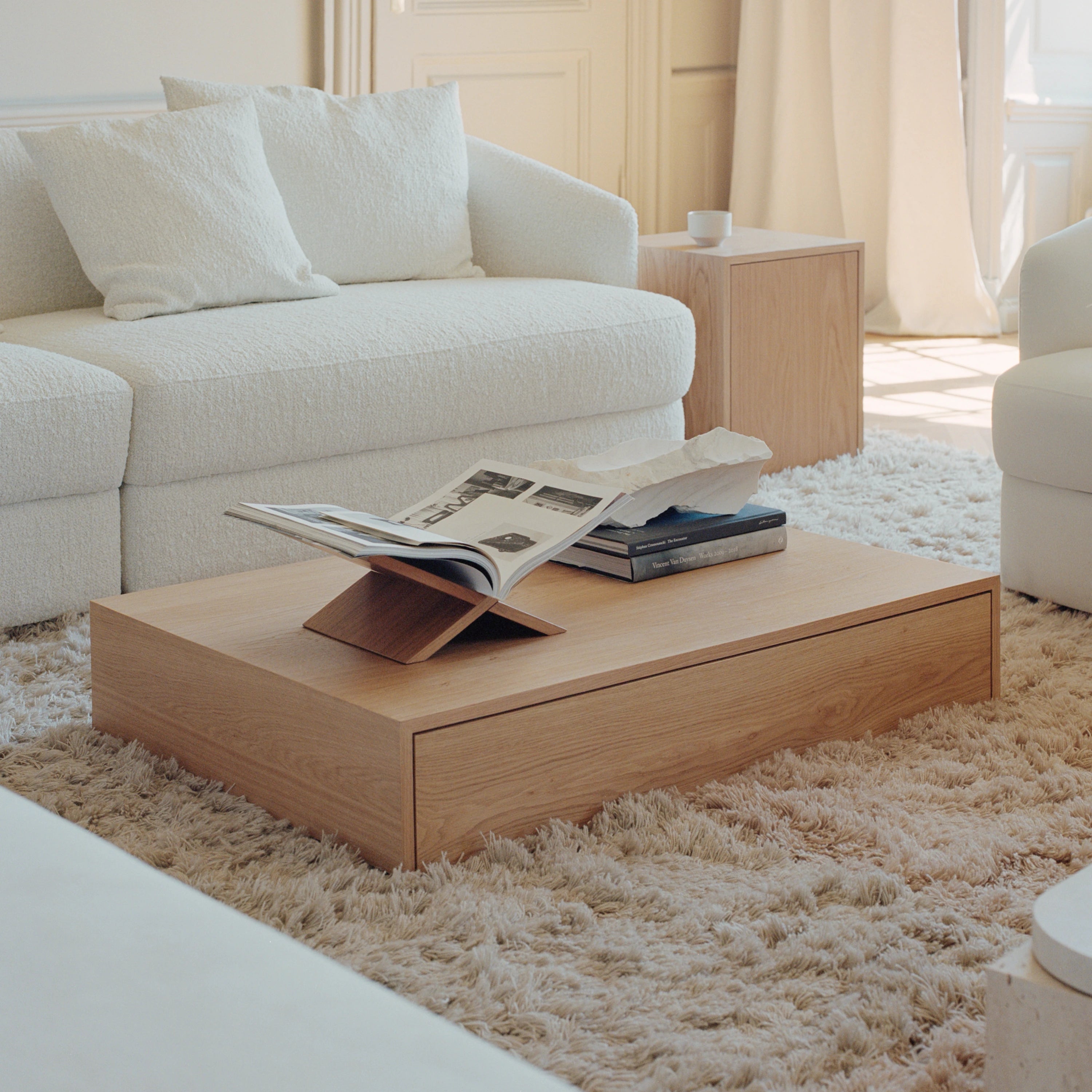 New Works Mass Coffee Table, Wide Oak With Drawer#Finish_Oak