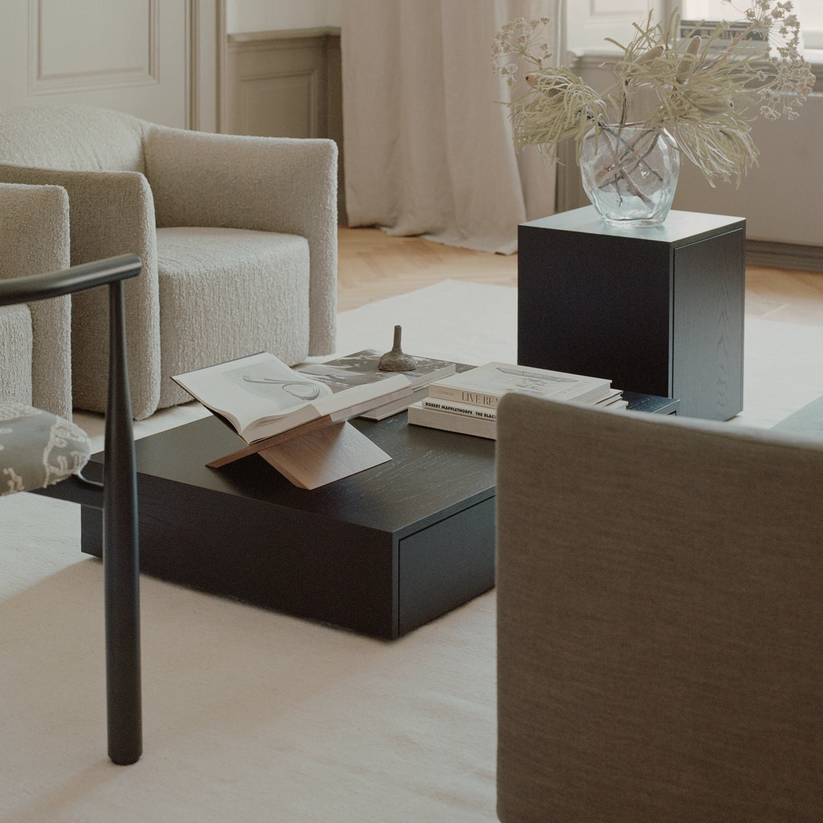 New Works Mass Coffee Table, Wide Black Stained Oak With Drawer#Finish_Black Stained Oak