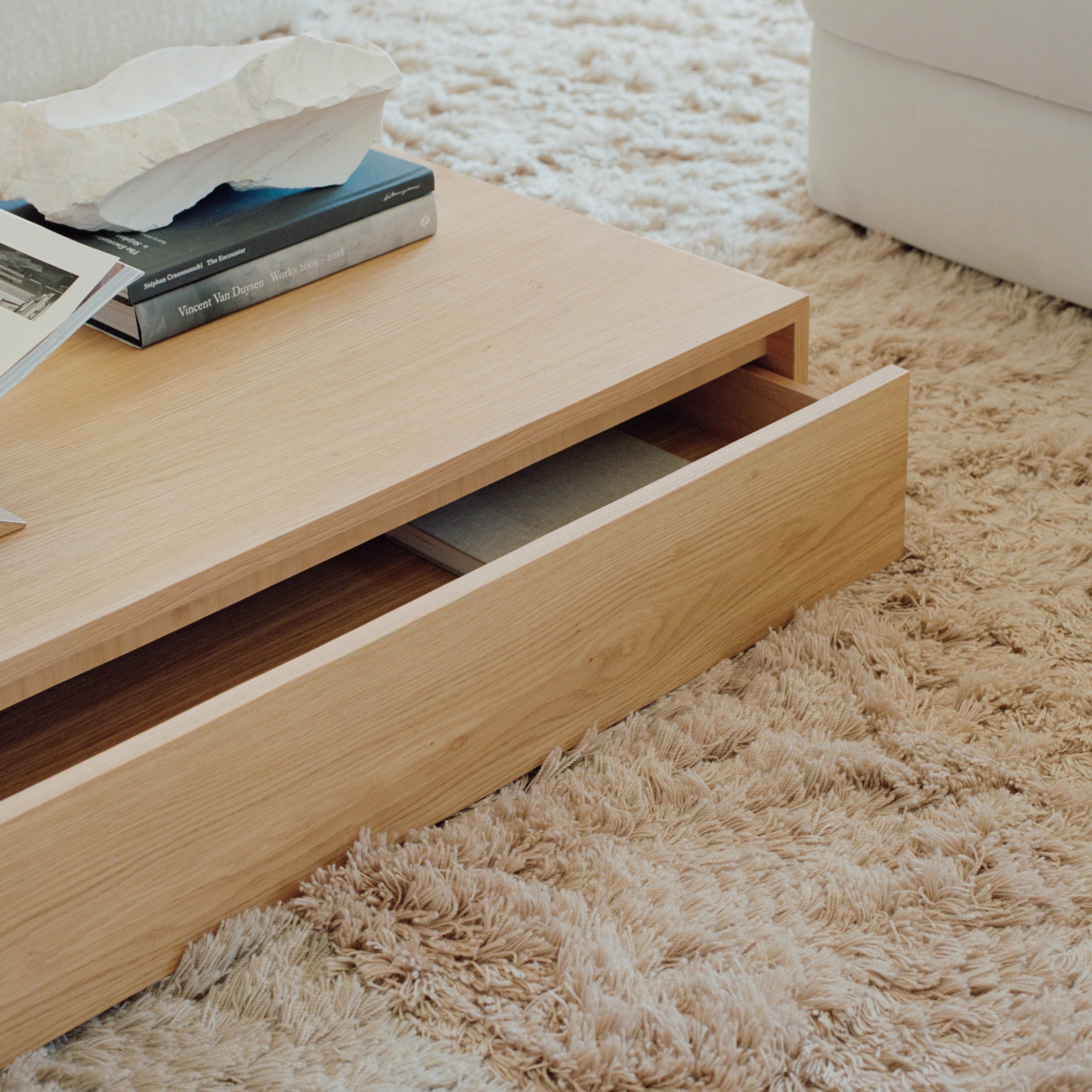 New Works Mass Coffee Table, Wide Oak With Drawer#Finish_Oak
