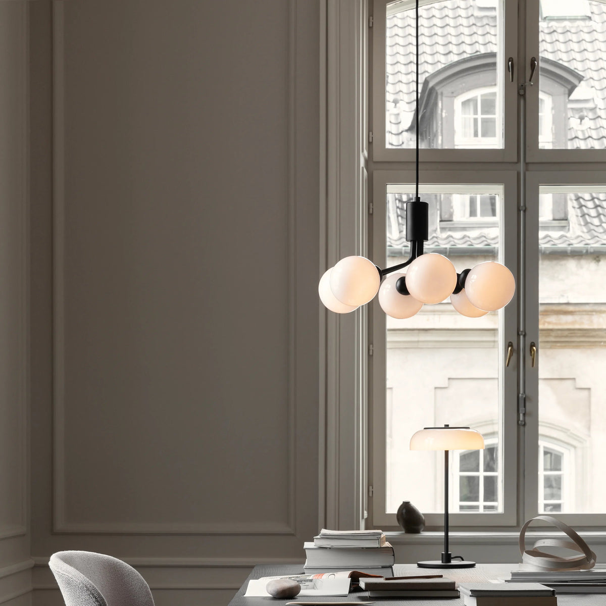Nuura Apiales 6 Chandelier, Satin Black / Opal - KANSO#Finish_Satin Black / Opal